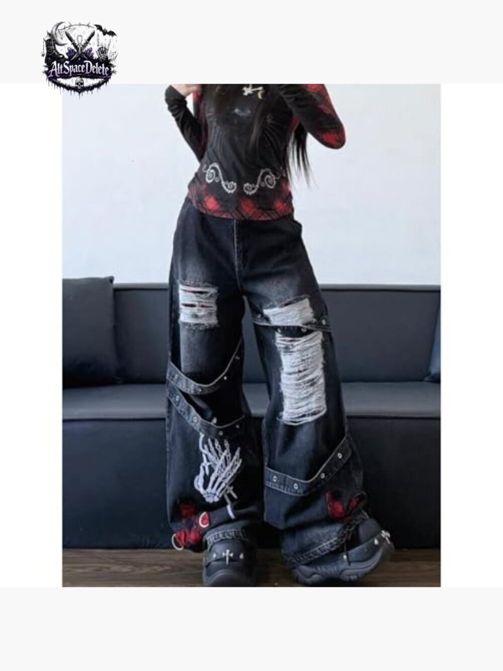 High Waist Ripped Baggy Jeans Straight Leg Goth Grunge Pants - Picture 5 of 7